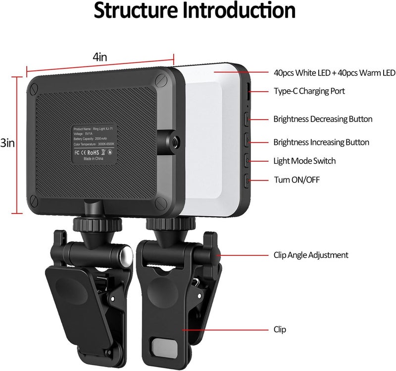 XINBAOHONG Rechargeable Selfie Light, Clip Fill Light for Phone Laptop Tablet Portable Light for Video Conference Live Streaming Zoom Call Makeup Picture (Black) - Image 3